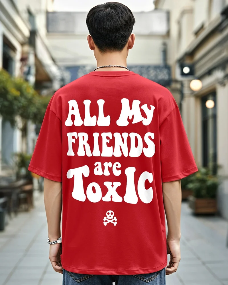 bewakoof Men's Red Toxic Typography Oversized T-shirt